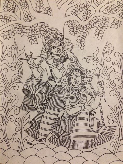 Krishna And Radha Mural Pencil Sketch Kerala Mural Painting