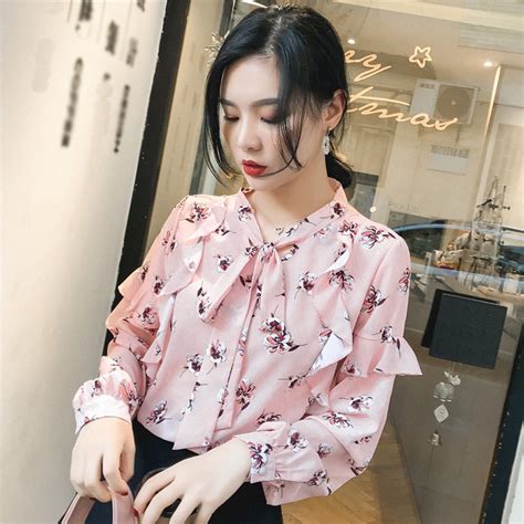 Korean Summer Fashion Bow Floral Chiffon Blouse Print Lace Up Tee Tops