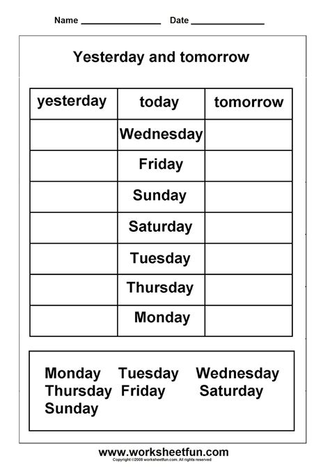 Days Of The Week Yesterday And Tomorrow Worksheet Kindergarten