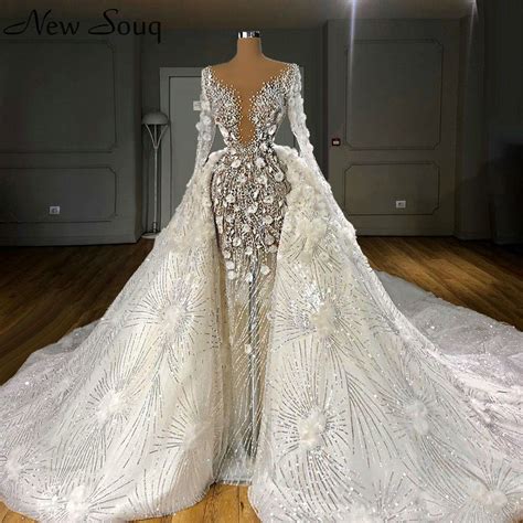 Sparkle Sequined Long Sleeve Mermaid Wedding Dresses With Overskirts
