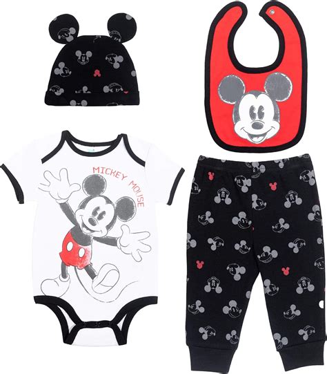 Disney Mickey Mouse Baby Boys Layette Set Bodysuit Pants Hat Bib White