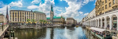 Hamburg City Center With Town Hall And Alster River Germany Flying