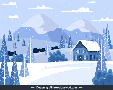 Winter Scene Background Snow Mountain Cottage Trees Sketch Vectors