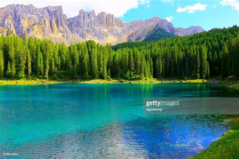 Alpine Turquoise Carezza Lake Idyllic Landscape Near Majestic Latemar