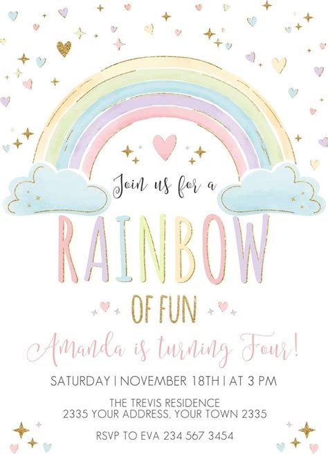 Editable Rainbow Birthday Invitation Rainbow Invite Colorful Etsy