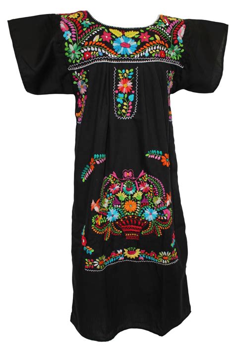 Retro mexican style floral & skulls fabric 100% cotton 1. Mexican Dress Traditional Floral - Black | Puebla dress ...