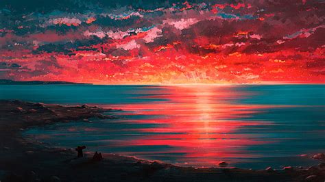 Hd Wallpaper Sunset Painting Seaside Couple Beach Horizon Digital