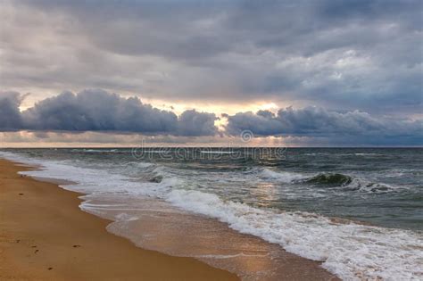 Dramatic Sky On A Morning Seascape Storm On Sandy Sea Beach Stock