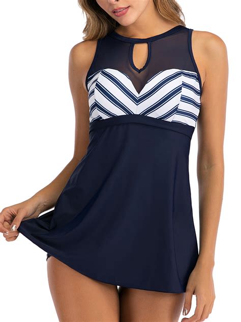 Mid Ten Women Ladies Plus Size Swimdress Striped Swimwear Swimsuit