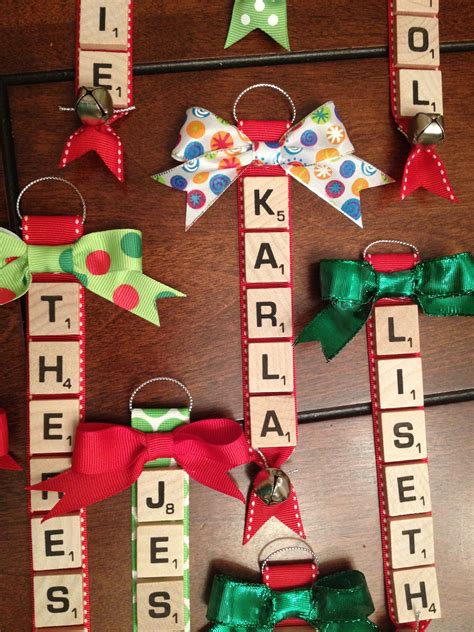 Personalized Scrabble Tile Ornaments With Bells And Bows Christmas