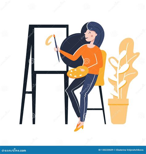 The Artist Is Sitting At The Easel Young Woman Painter With Palette