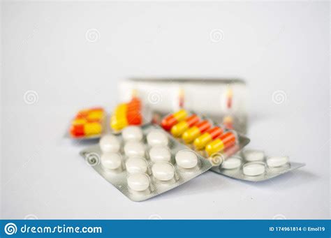 Closeup Colorful Antibiotics Capsule Pills In Blister Pack Pharmacy
