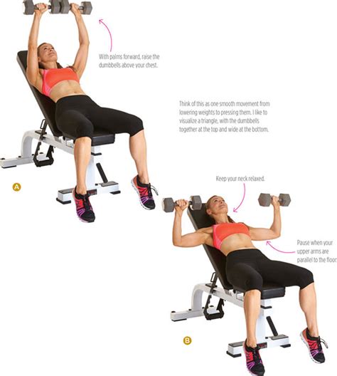 The incline dumbbell bench press is similar to the incline barbell bench press, but involves using dumbbells instead of a barbell. women's health: women's health - INCLINE DUMBBELL PRESS