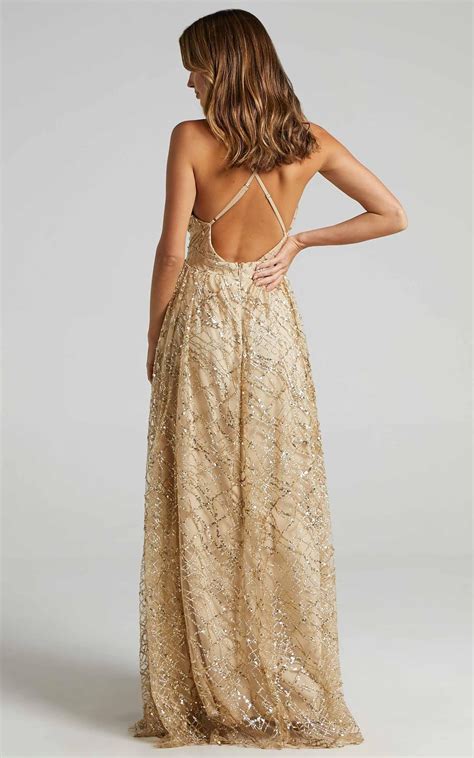 Eternal Sunshine Maxi Dress Cross Back Plunge Neck Dress In Gold