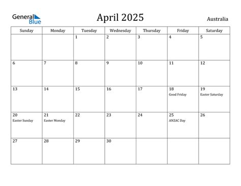 Australia April 2025 Calendar With Holidays
