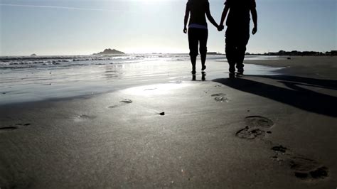 Human Couple Walking Holding Hands On Sandy Beach Free Stock