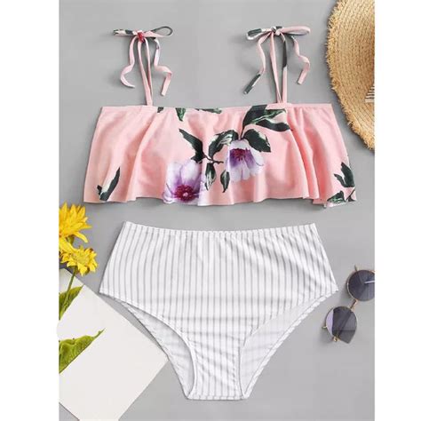 Summer Sexy Women Flower Printed Swimwear Ruffles Bandage Bikini Set