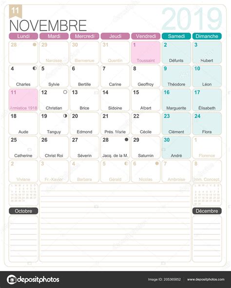 Calendario Francés 2019 Noviembre 2019 Plantilla Calendario Mensual
