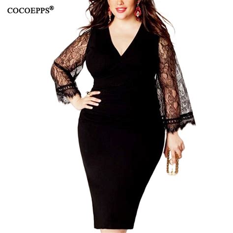 cocoepps women autumn sexy plus sizes v neck black hollow out dress 2018 large big size solid
