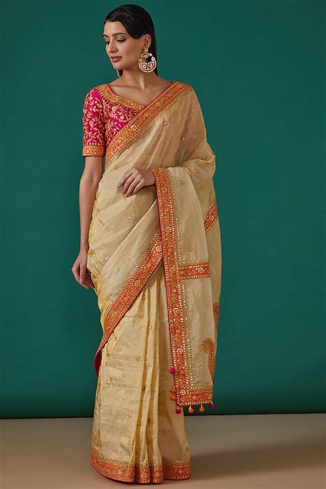Golden Tissue Hand Embroidered Saree Set Design By Surbhi Shah At