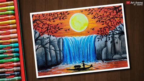 Waterfall Scenery Easy Oil Pastel Drawing For Kids Pic Noodle