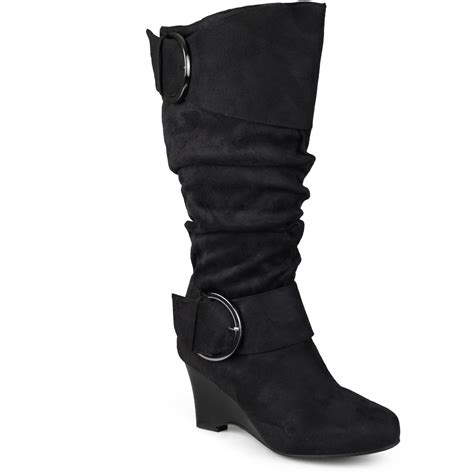 Womens Extra Wide Calf Slouch Buckle Wedge Knee High Boot
