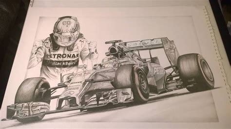 Lewis Hamilton And His Mercedes F1 Car Drawing