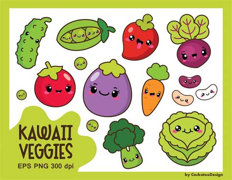 Kawaii Vegetables Clipart Kawaii Veggies Clipart Healthy Etsy Cute