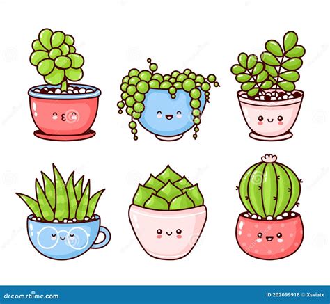 Cute Happy Funny Succulents Plants Set Collection Vector Flat Cartoon