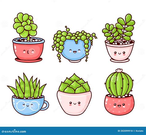 Colección De Suculentos Divertidos Adorables De Plantas Dibujo Plano