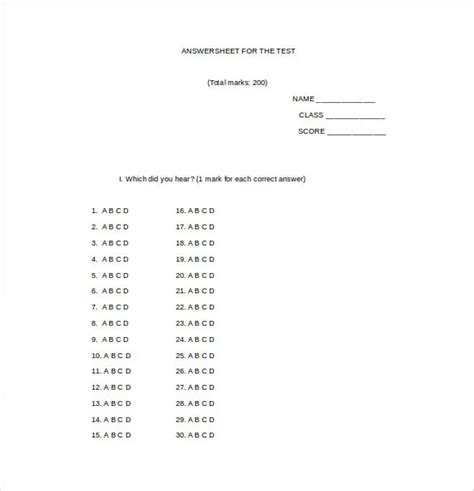Free Printable Answer Sheet 1 50
