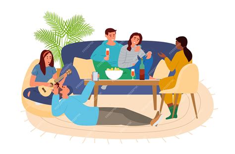 Premium Vector Group Of Friends Hanging Out At Home Talking Playing