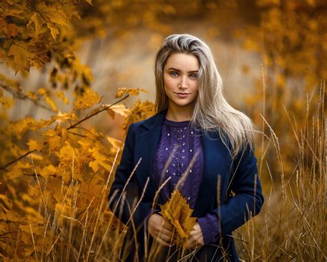 배경 화면 Sergey Sorokin 여자들 모델 금발의 초상화 뷰어를보고 옥외 숲 이파리 분기 가을