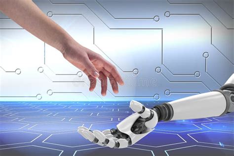 Human And Robot Touching Their Hands In Blue Background Stock