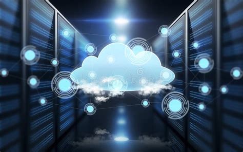 Virtual Cloud Hologram Over Futuristic Server Room Stock Illustration