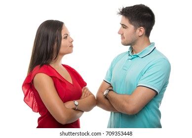 Two Caucasian Women Arguing Distrusting Each Stock Photo