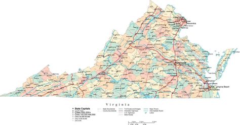 Virginia Digital Vector Map With Counties Major Cities Roads Rivers