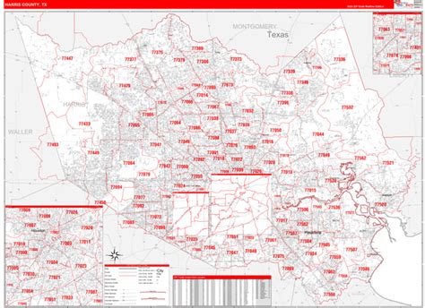 Harris County Tx Zip Code Wall Map Red Line Style By Marketmaps Mapsales
