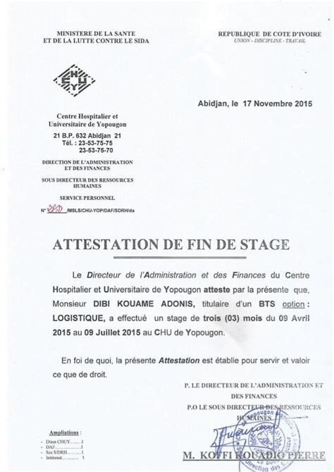 Attestation De Fin De Stage Chu