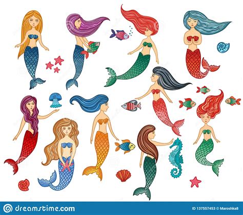 Set Of Hand Drawn Cute Little Mermaid Girls Starfish Seahorse
