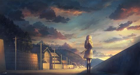 Wallpaper Scenic Anime Girl Buildings Scenery Scarf Clouds