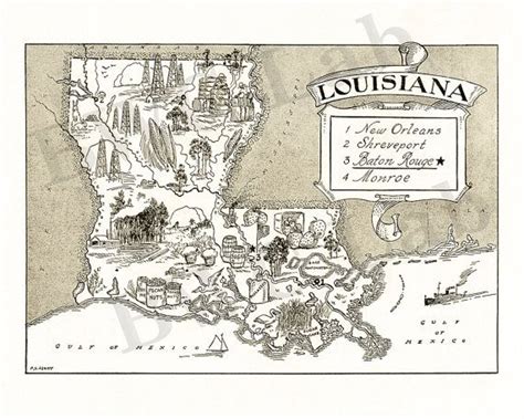 Pictorial Map Of Louisiana Fun Illustration Of Vintage By Bwclab