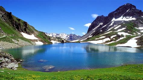 1080p Free Download Lake Between White Black Green Covered Mountains
