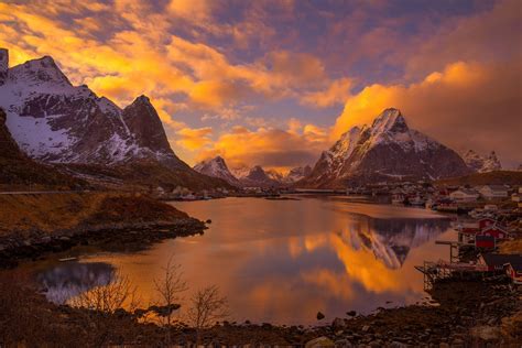 Download Reine Glow Sunset Village Mountain Landscape Scandinavia