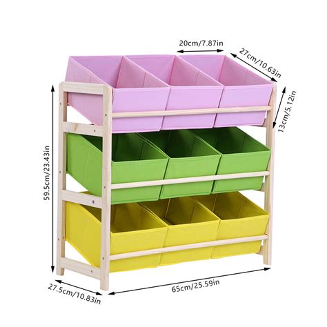 3 Tier Kids Toy Storage Organizer 9 Cloth Bins Wood Frame Toy Box