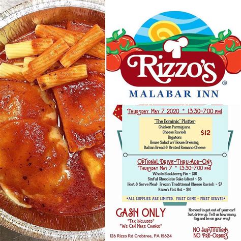 Rizzo S Malabar Inn Menu In Crabtree Pennsylvania Usa