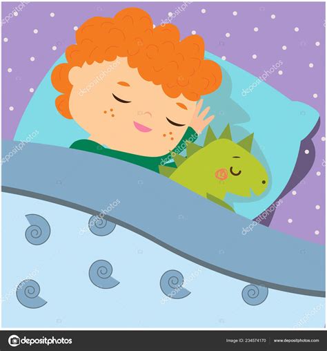 Cute Boy Sleeping Dino Toy Cartoon Kid Bed Having Sweet Stock Vector