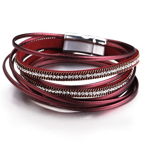Amorcome Multilayer Leather Bracelet Female 6 Colors Trendy Rhinestone