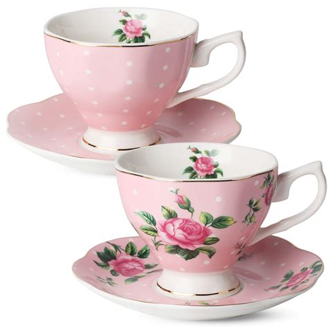Buy BTaT Floral Tea Cups And Saucers Set Of 2 Pink 8 Oz With Gold