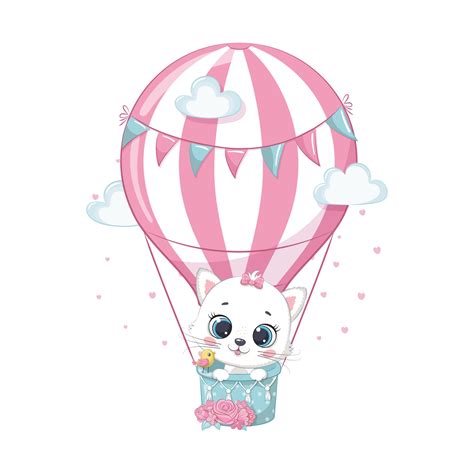 Cute Kitten On A Hot Air Balloon Vector Illustration Of A Cartoon